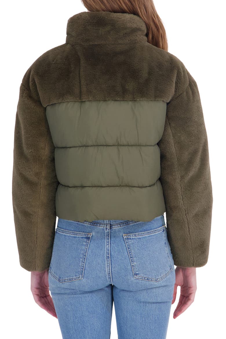 Faux Fur Mixed Media Puffer Jacket, Alternate, color, OLIVE
