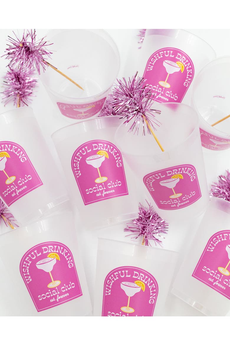 Wishful Drinking Pink Pom Pom Reusable Stackable Cups Set of 10 - 16 oz Shatterproof Party Cups with Pink Pom Pom Stirrers, 6.5x2.5 Inch, Alternate, color, Multicolor