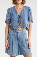 ELIE ELIE TAHARI Tie Front Chambray Eyelet Trim Top