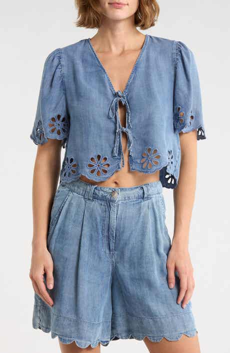 ELIE ELIE TAHARI Tie Front Chambray Eyelet Trim Top