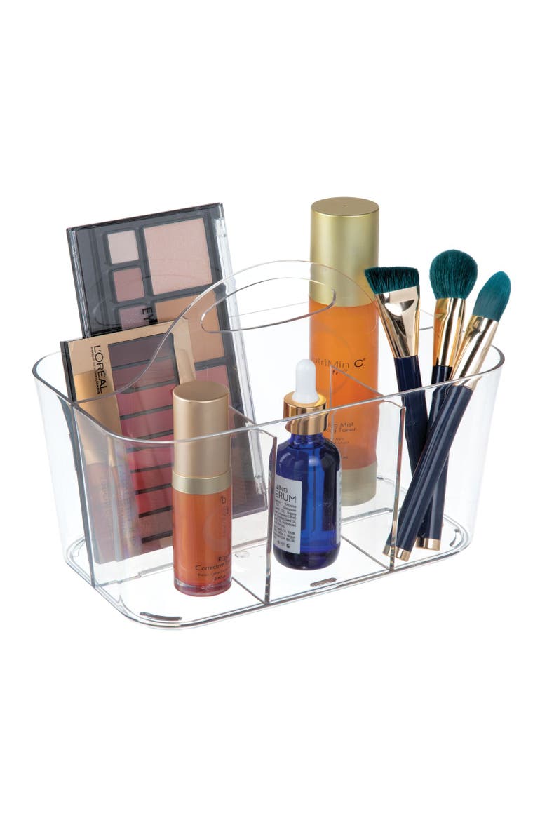 mDesign miDesign Small Plastic Divided Cosmetic Storage Organizer Caddy Tote Bin, USA Made, Alternate, color, Clear