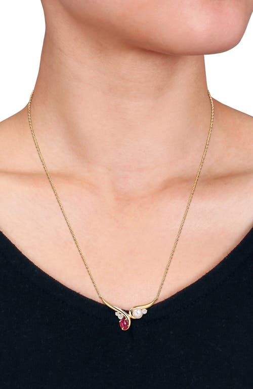 Delmar 6-6.5mm Cultured Freshwater Pearl With Created Ruby And White Sapphire Necklace In Red