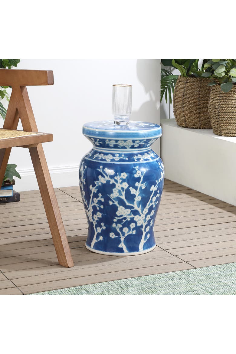 Cherry Blossom Classic Ceramic Garden Stool, Indoor Outdoor Chinoiserie Patio Side Table and Plant Stand, Alternate, color, Blue/White