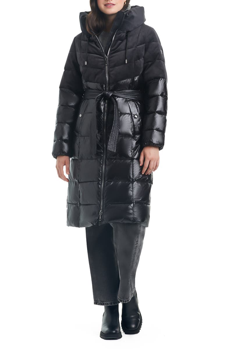 Vince Camuto Belted Mixed Media Hooded Puffer Coat, Main, color,