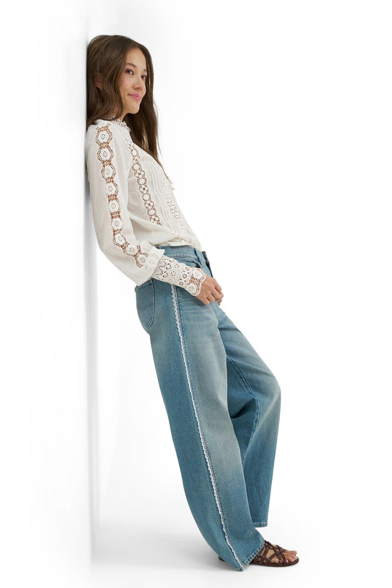 Lace Trim Low Slung Slouch Jeans, Alternate, color, FOREVER LIGHT