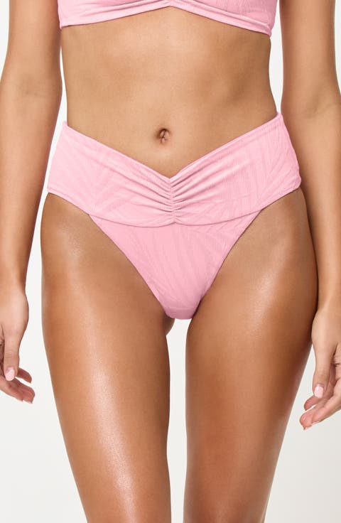 Bardot Ruched Jacquard High Waist Bikini Bottoms