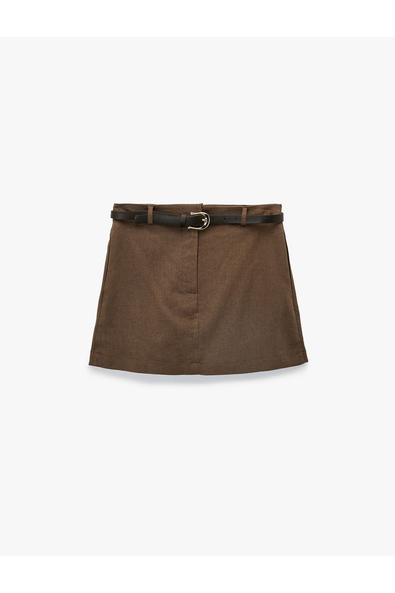 A-Line Belted Mini Linen kort, Alternate, color, BROWN