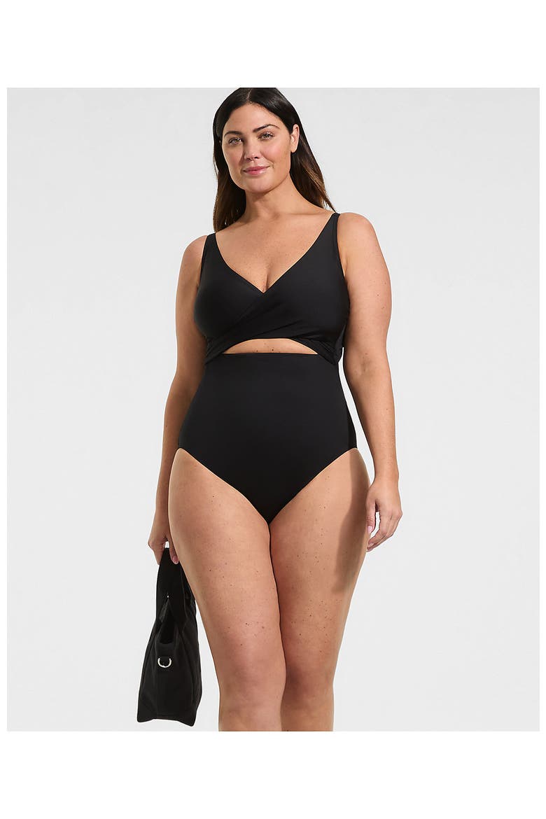Plus Size Wrap Monokini High Leg One Piece Swimsuit, Alternate, color, Black