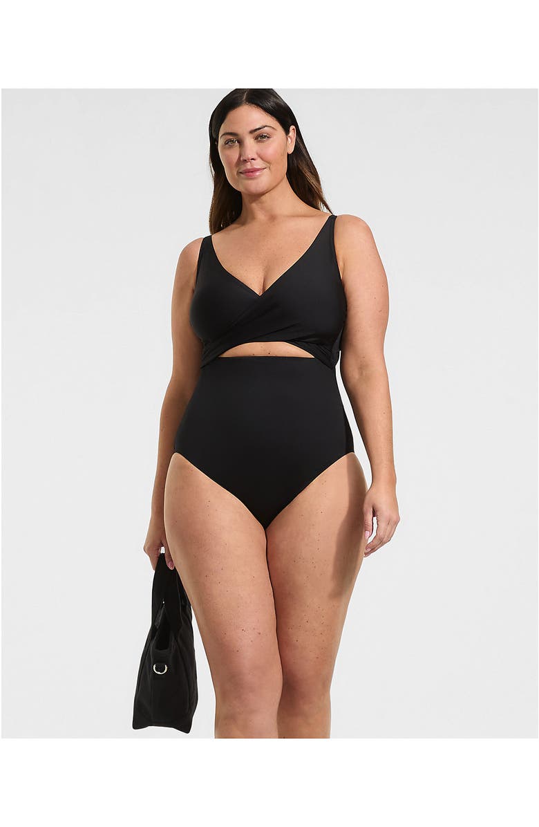 Lands' End Wrap Monokini High Leg One Piece Swimsuit, Alternate, color, Black