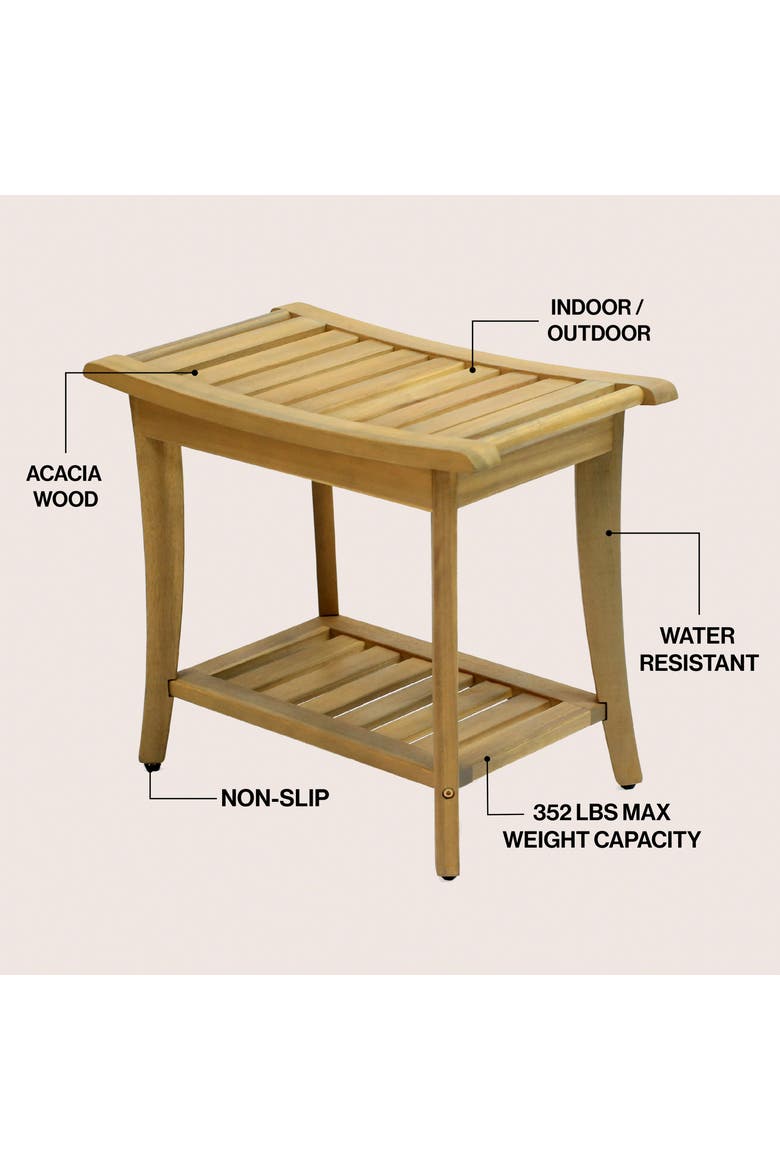 Tucker Modern Acacia Wood Shower Bench with Storage Shelf, Water-Resistant 2-Tier Spa Bath Stool for Bathroom and Outdoor Use, Alternate, color, Light Teak