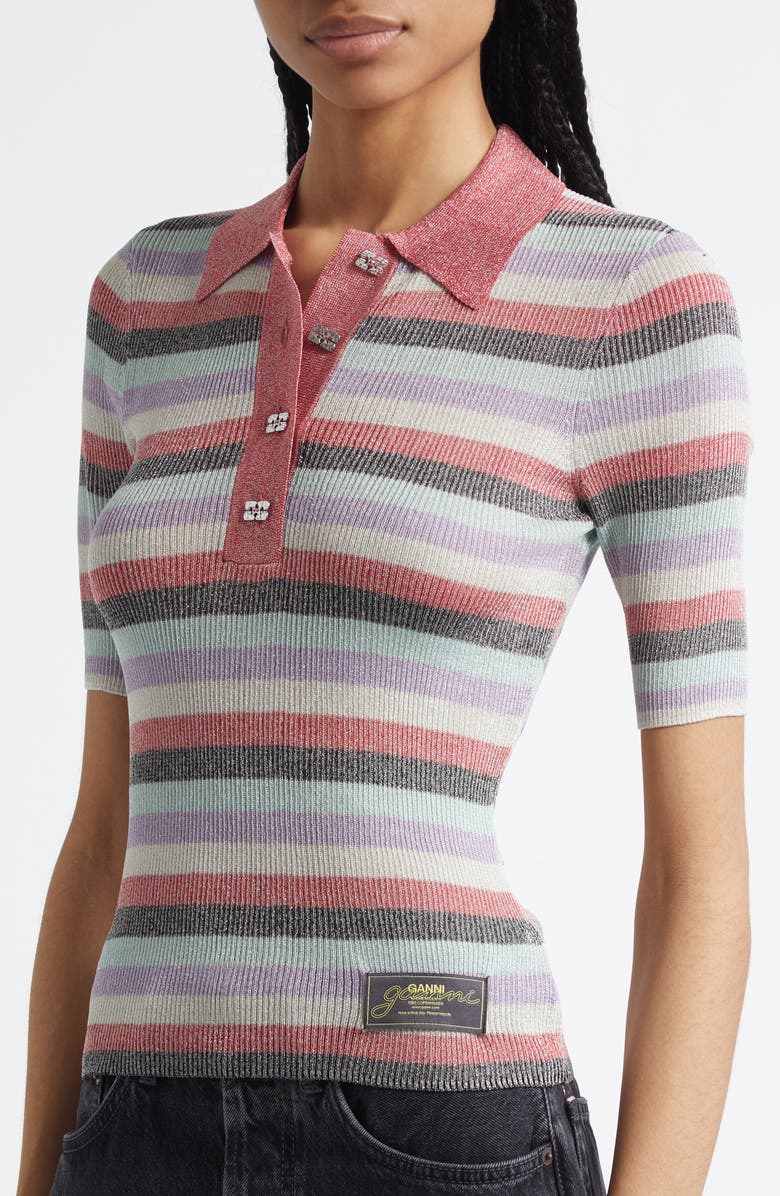 Ganni Sparkle Rib Stripe Polo, Alternate, color, Multicolor