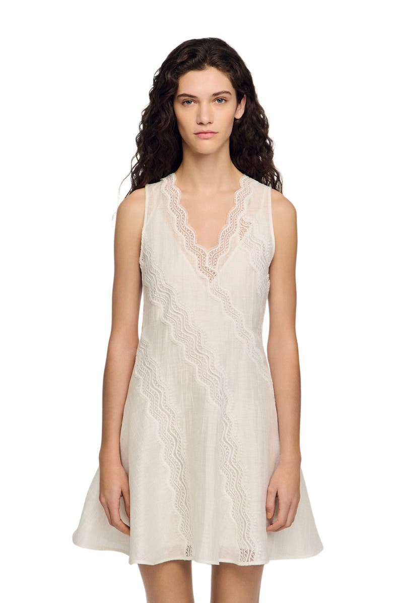 SANDRO Short trimmed linen dress, Main, color, White