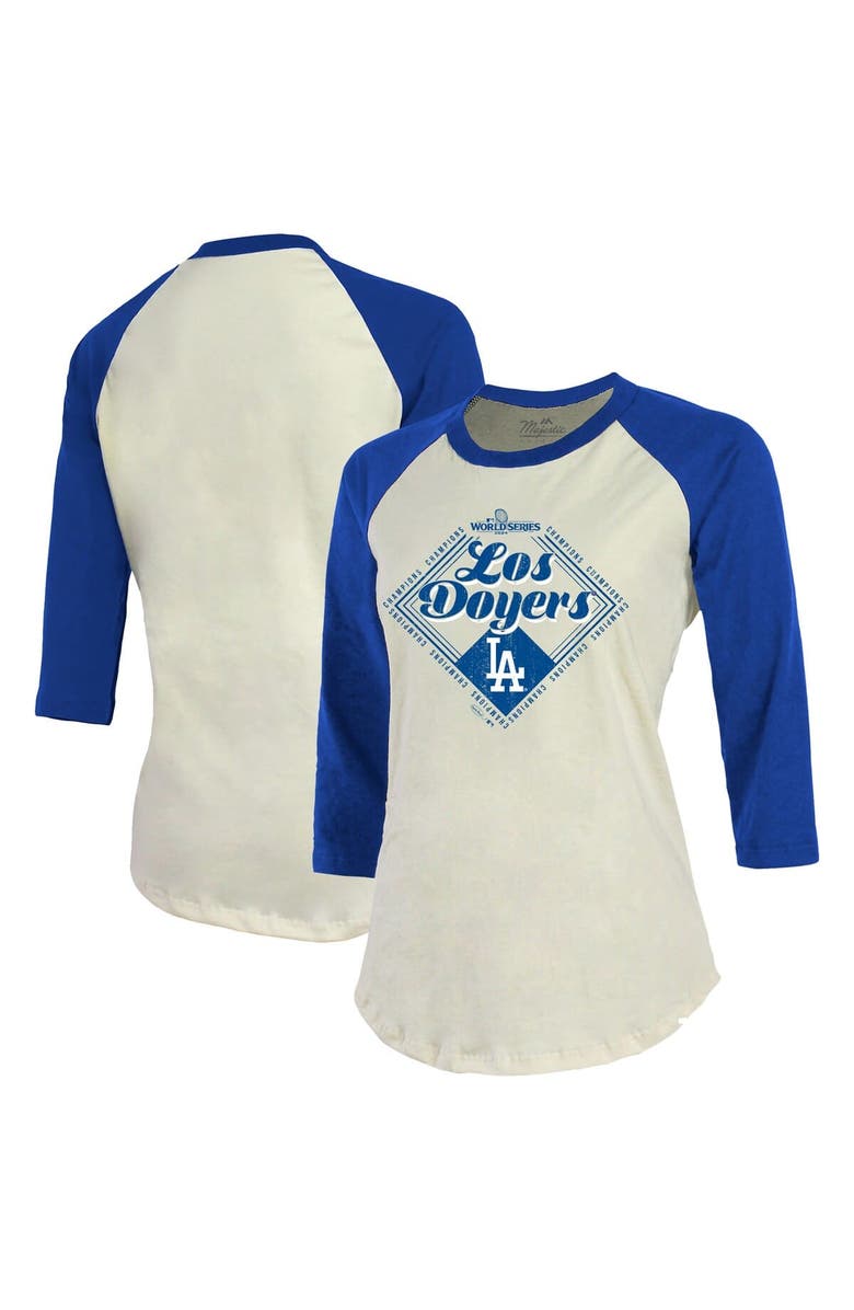 Majestic Threads Women's Majestic Threads Cream/Royal Los Angeles Dodgers 2024 World Series Champions Softhand 3/4-Sleeve Raglan T-Shirt, Main, color, 