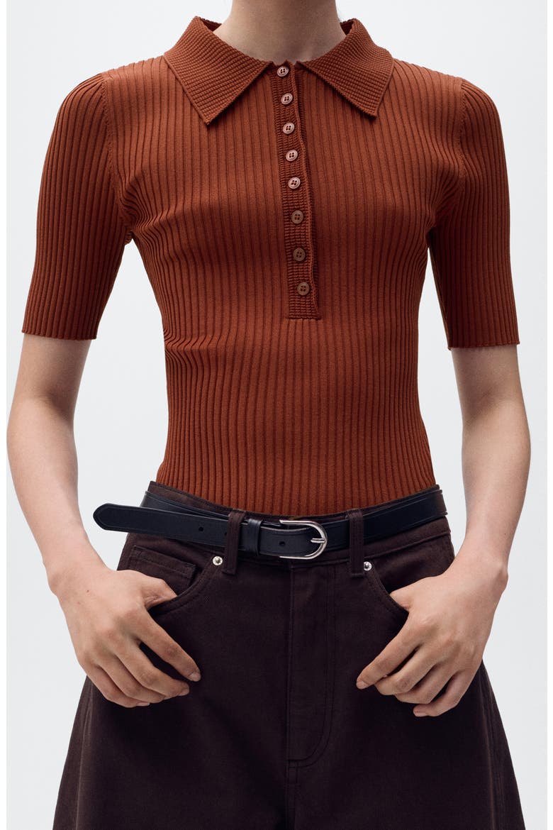 Rib Short Sleeve Polo Sweater, Alternate, color, RUSSET