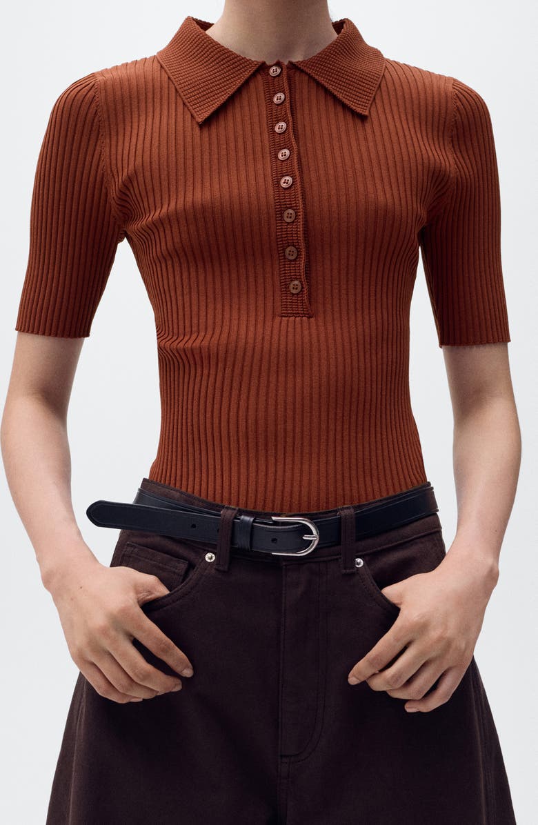 MANGO Rib Short Sleeve Polo Sweater, Alternate, color, Russet