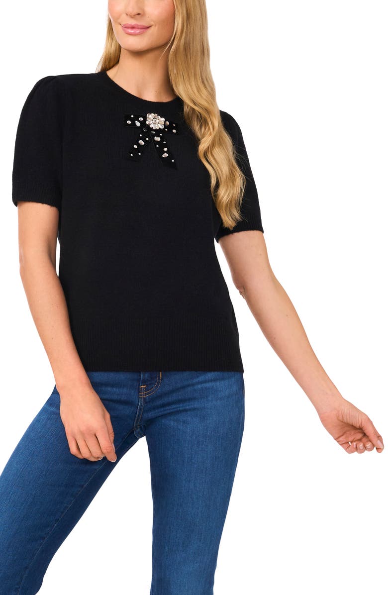 CeCe Embellished Velvet Bow Short Sleeve Sweater, Main, color, 