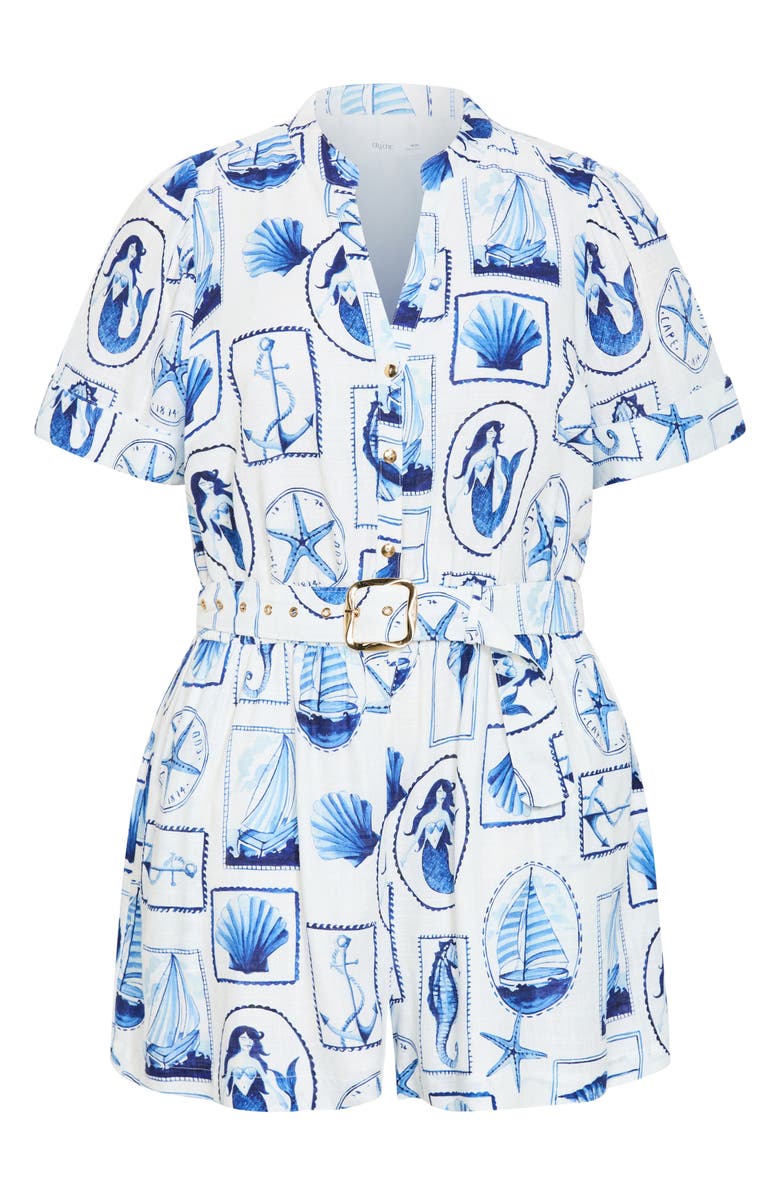 City Chic Elise Amalfi Print Belted Button Front Romper, Alternate, color, 