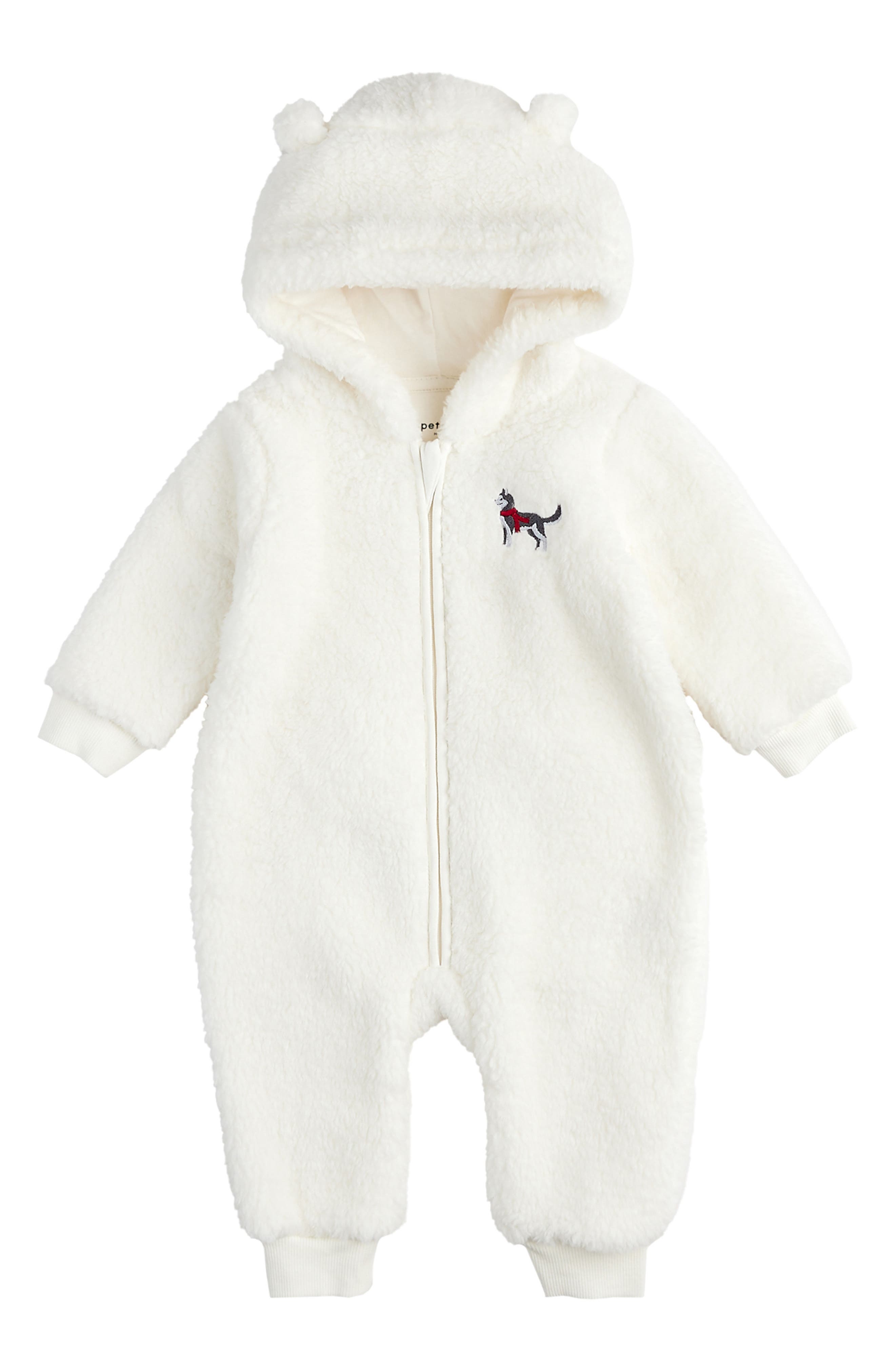 Petit Lem Husky Pup Appliqué Hooded Fleece Romper in Off White 