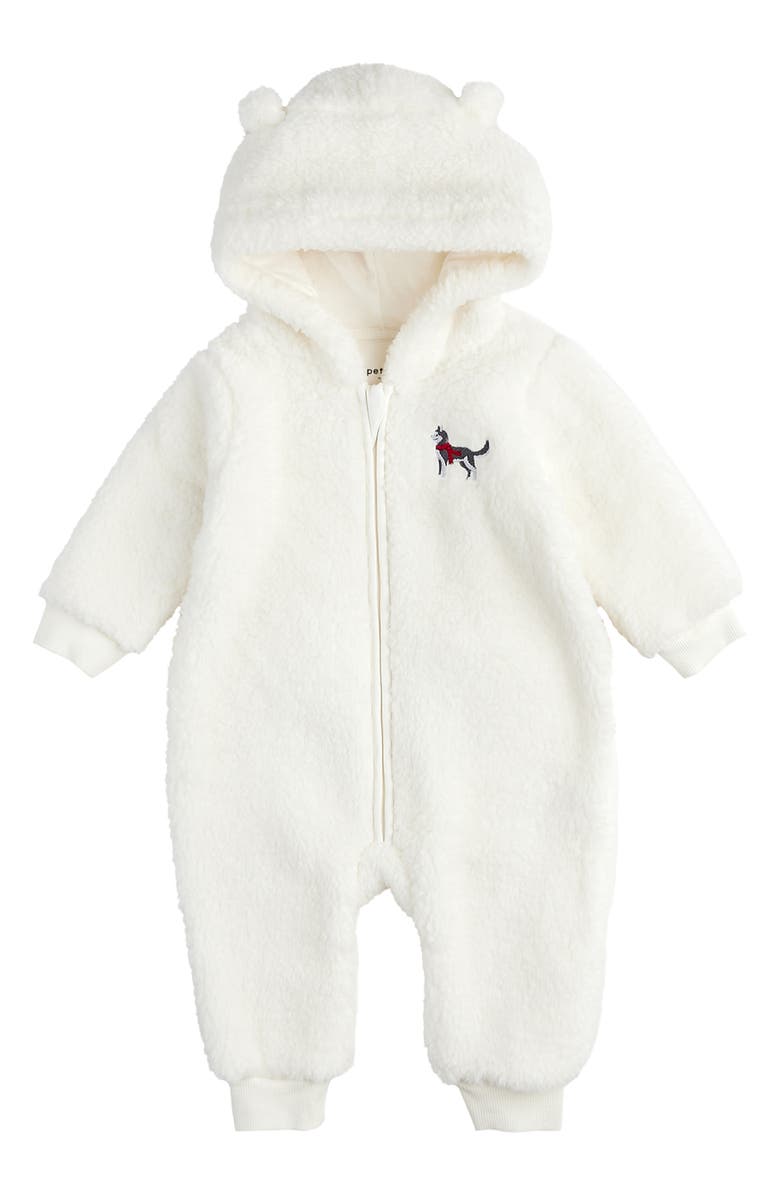 Petit Lem Husky Pup Appliqué Hooded Fleece Romper, Main, color,