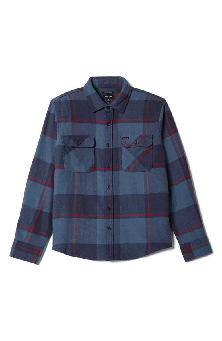 Brixton Bowery Plaid Flannel Button-Up Shirt, Alternate, color, Bering Sea/Indigo/Adrenal