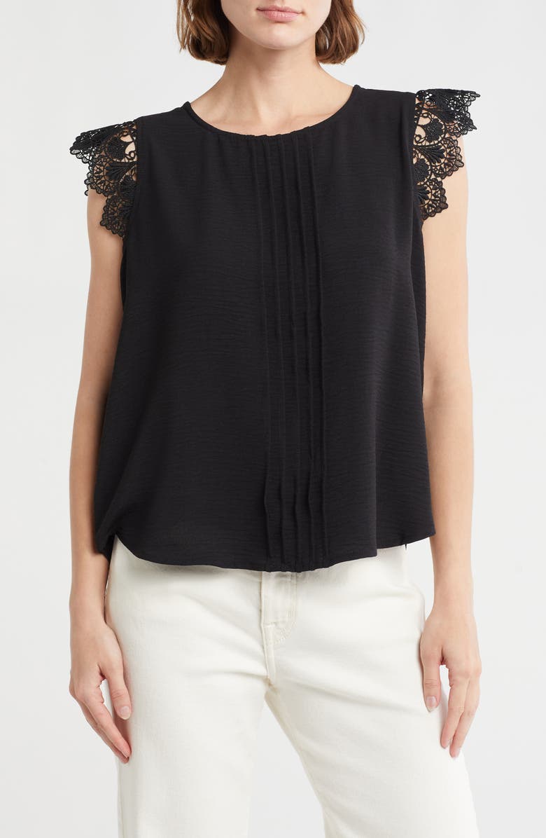 Adrianna Papell Lace Flutter Sleeve Top, Main, color, Black