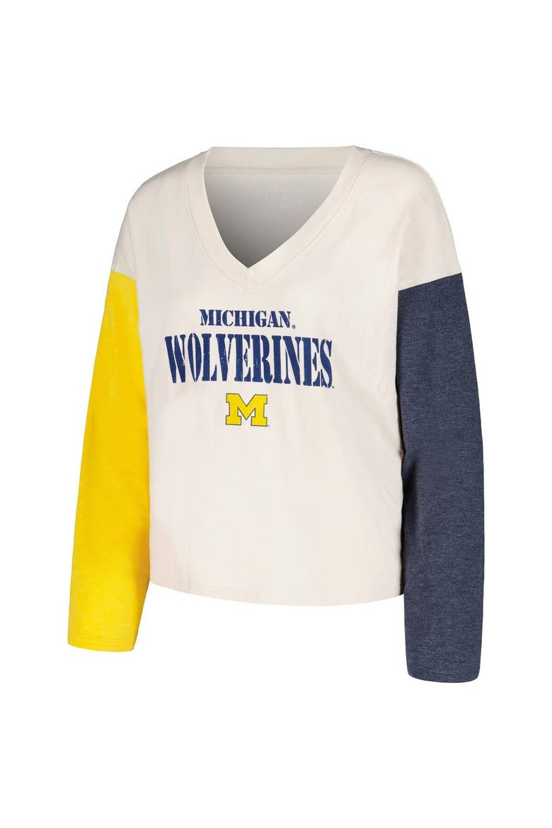 Women's Wes & Willy Cream Michigan Wolverines Colorblock Tri-Blend Long Sleeve V-Neck T-Shirt & Shorts Sleep Set, Alternate, color, Cream