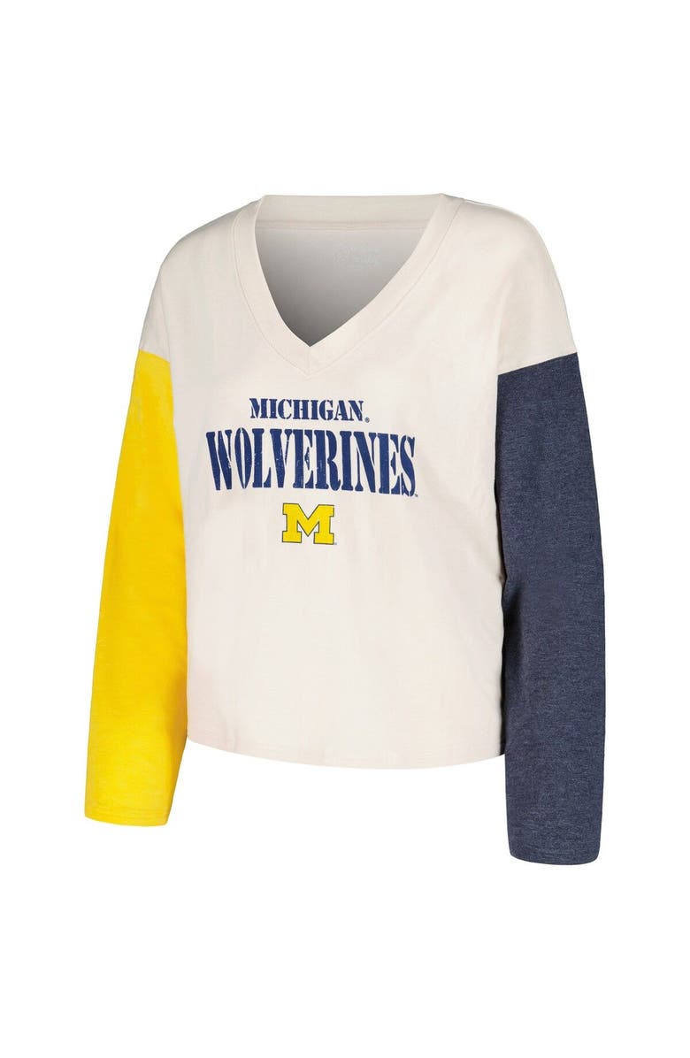 Wes & Willy Women's Wes & Willy Cream Michigan Wolverines Colorblock Tri-Blend Long Sleeve V-Neck T-Shirt & Shorts Sleep Set, Alternate, color,