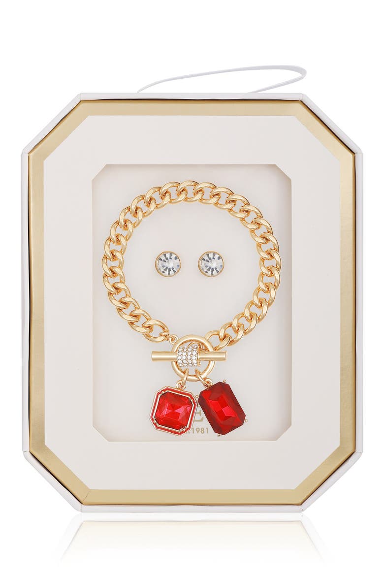 Toggle Bracelet & Stud Earrings Set, Main, color, GOLD/RED