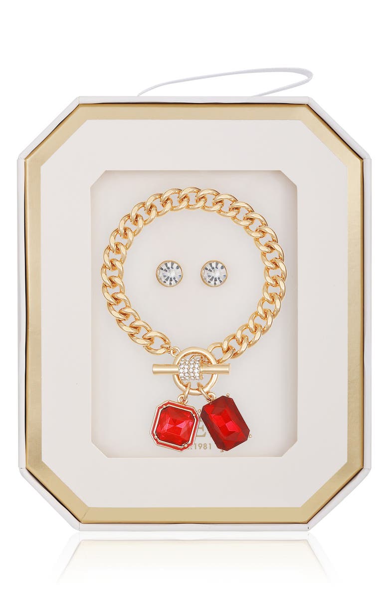 GUESS Toggle Bracelet & Stud Earrings Set, Main, color, Gold/Red