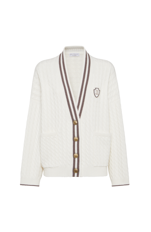 Brunello Cucinelli Cable Knit Cardigan With Patch Pockets In White