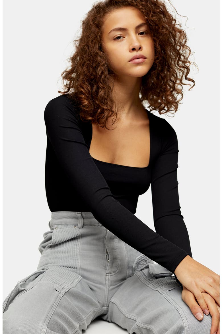 Long Sleeve Square Neck Bodysuit, Alternate, color, BLACK