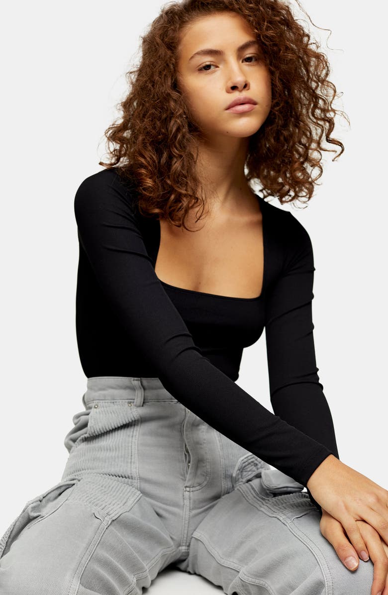 Topshop Long Sleeve Square Neck Bodysuit, Alternate, color,
