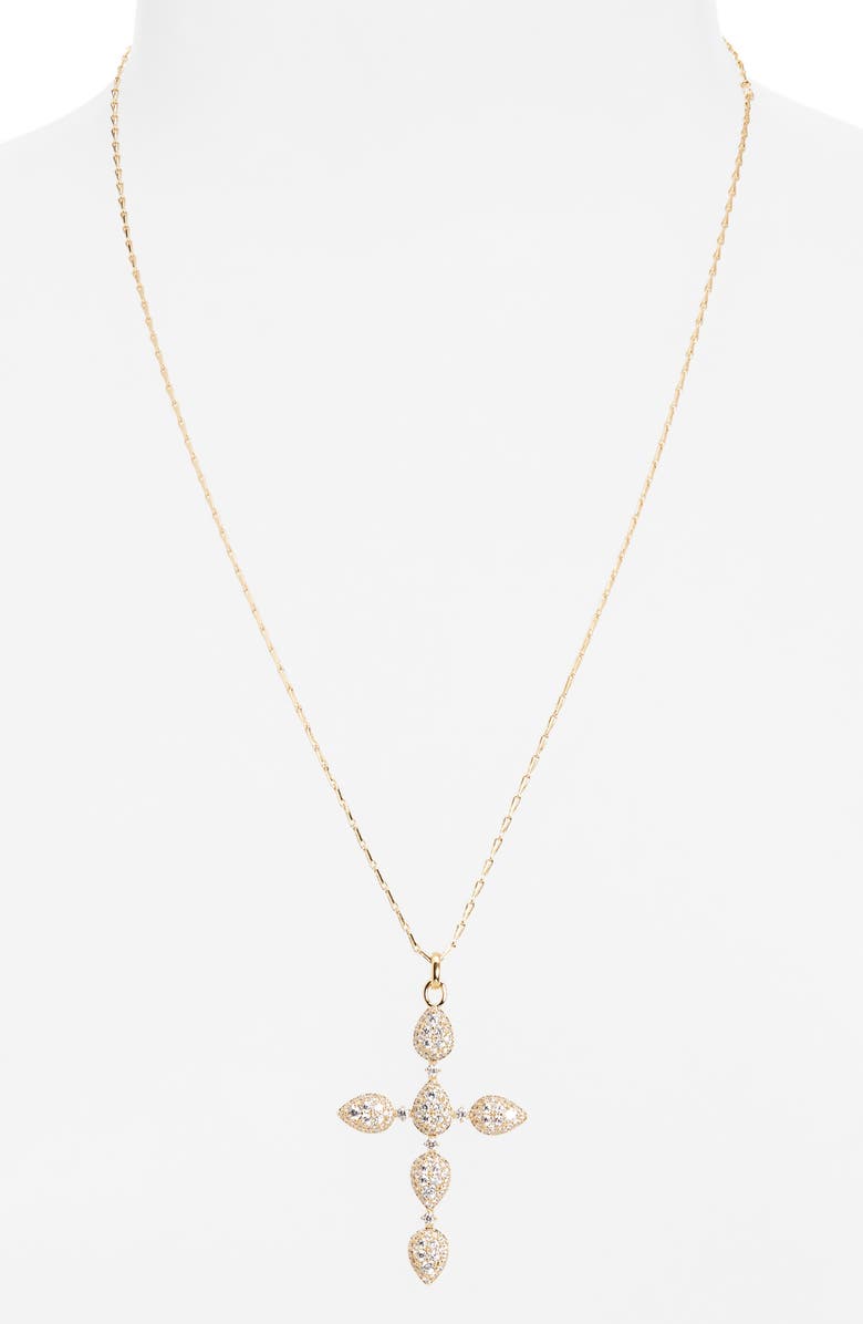 Nadri Crushed Halo Cross Pendant Necklace, Alternate, color, Gold