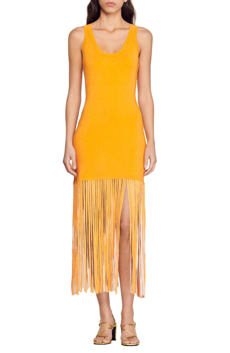 SANDRO Malvina Fringe Tank Dress, Main, color, Orange