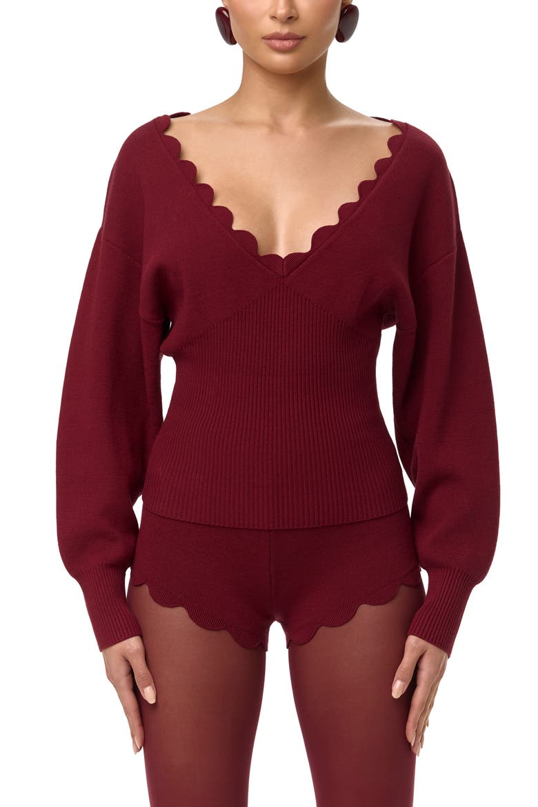 Scallop Trim V-Neck Sweater, Main, color, RED