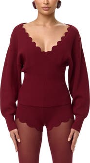 Naked Wardrobe Scallop Trim V-Neck Sweater