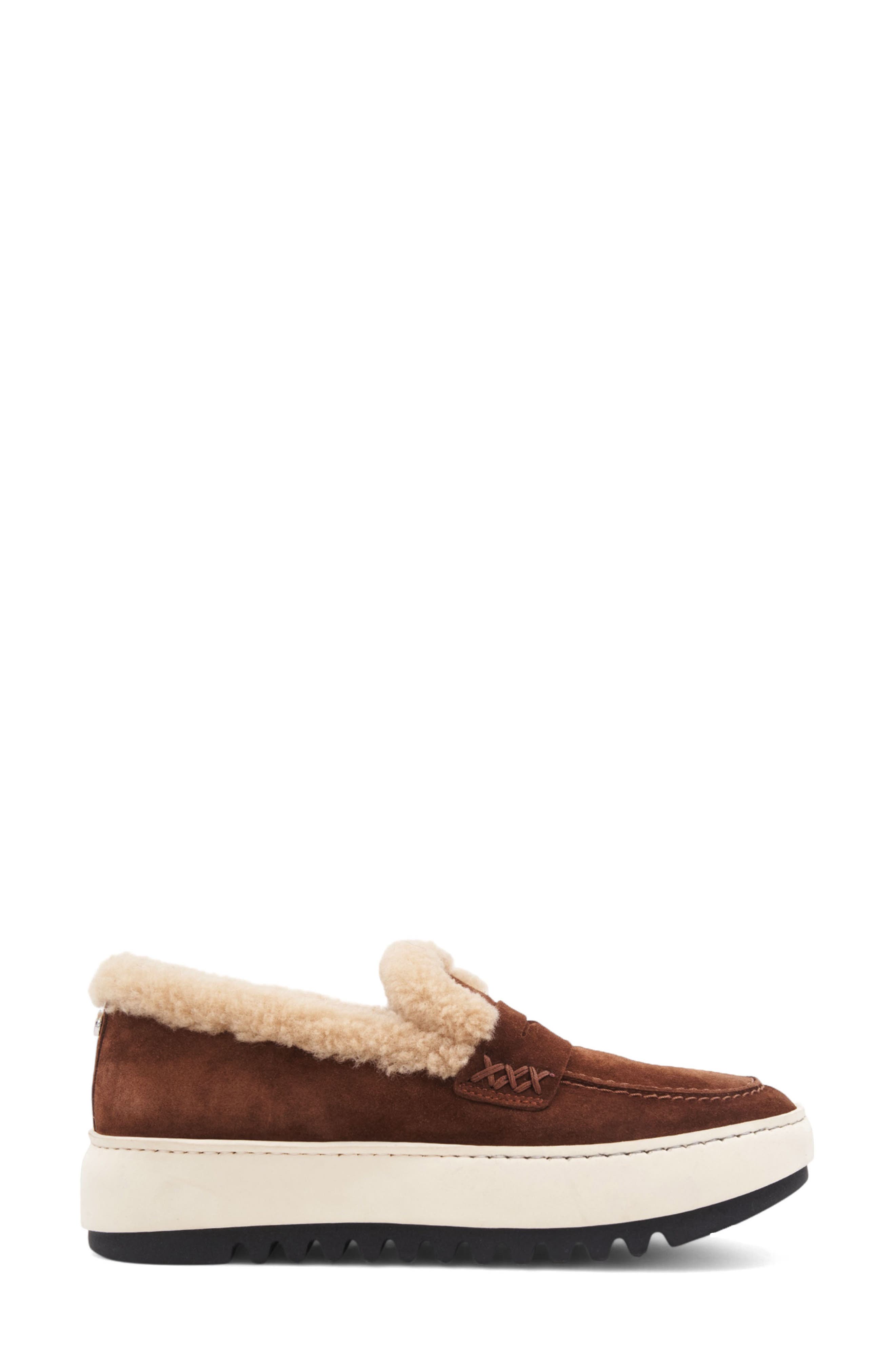 Aquatalia Ameila Genuine Shearling Lined Weatherproof Penny Loafer, Alternate, color, Brandy/ Ecru Suede