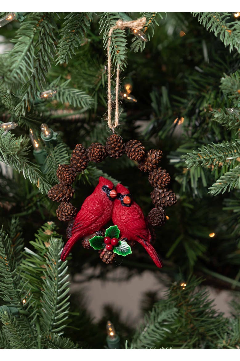 Paired Cardinals Pinecone Wreath Christmas Ornament, Alternate, color, Red