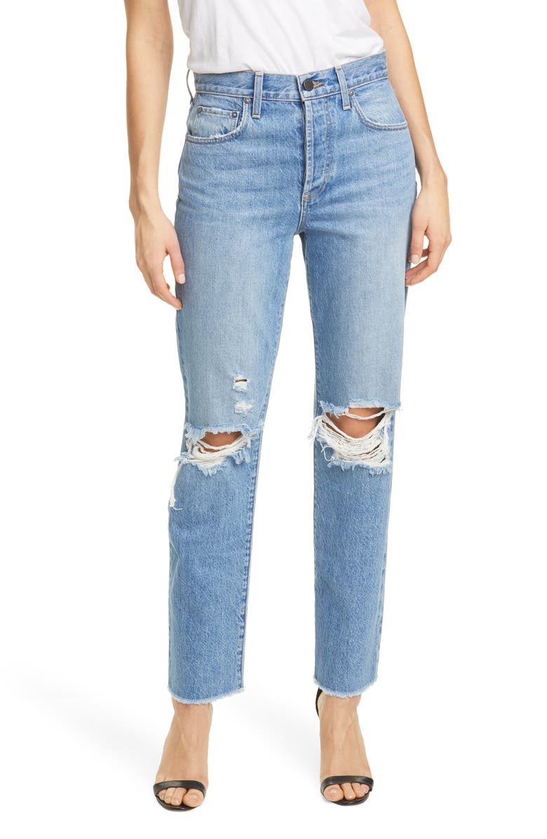 Alice + Olivia Amazing High Waist Ripped Boyfriend Nonstretch Cotton Jeans, Main, color, 