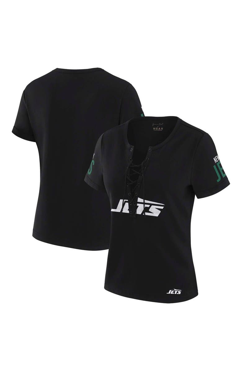 WEAR by Erin Andrews Women's WEAR by Erin Andrews x Gracie Hunt Black New York Jets Draft Me Lace-Up T-Shirt, Alternate, color, Black