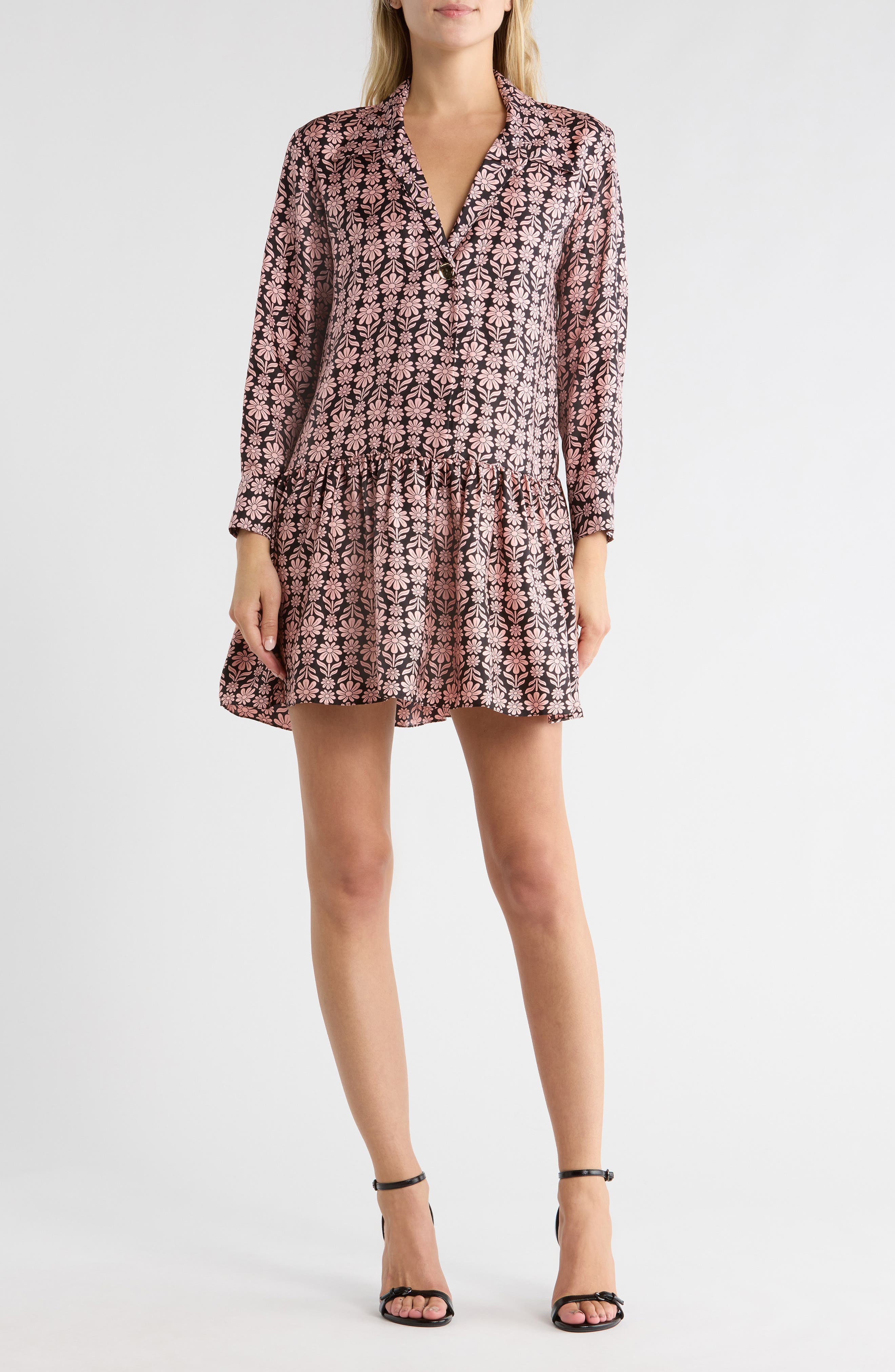 SANDRO Floral Silk Long Sleeve Shirtdress