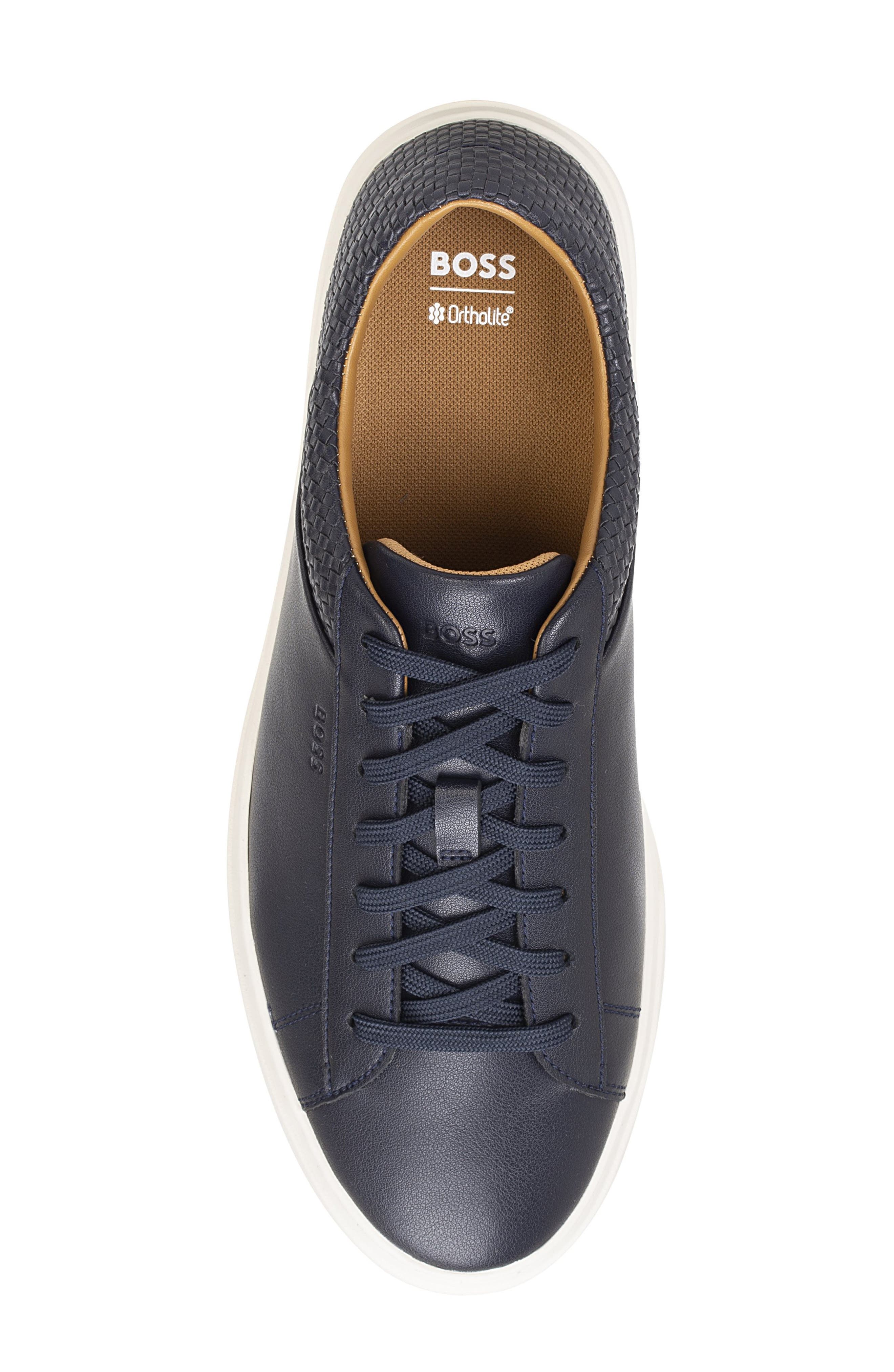 BOSS Kieran Woven Leather Low Top Sneaker, Alternate, color, Dark Blue