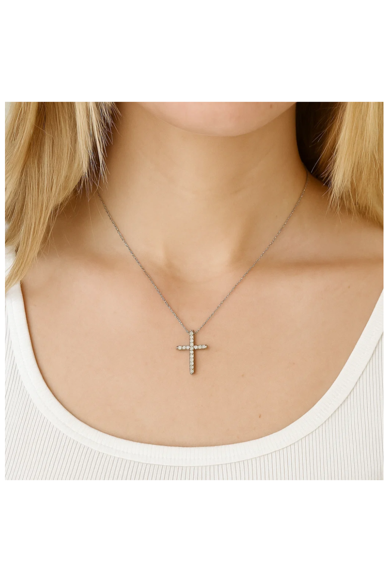 White Gold Cubic Zirconia Cross Necklaces, Alternate, color, Silver