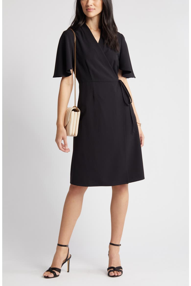 Butterfly Sleeve Crêpe de Chine Wrap Dress, Main, color, BLACK