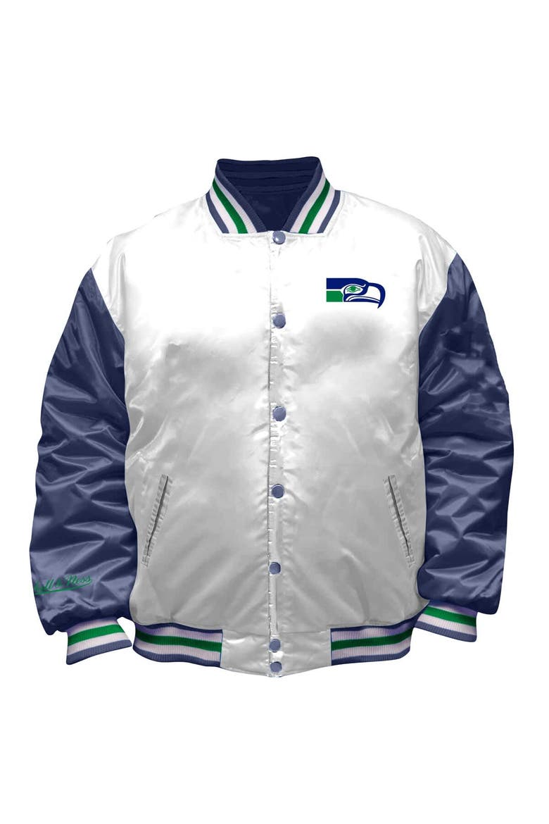 Women's Mitchell & Ness White Seattle Seahawks Throwback Plus Size Full-Snap Satin Jacket, Alternate, color, White