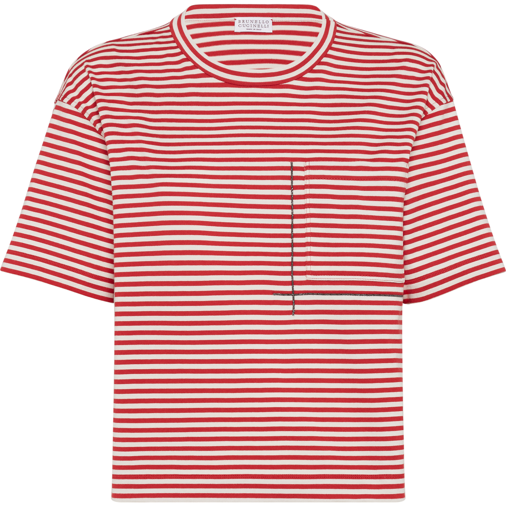 Brunello Cucinelli Red Crewneck T-shirt With All-over Striped Motif And Jewel Detail On The Front In In Red