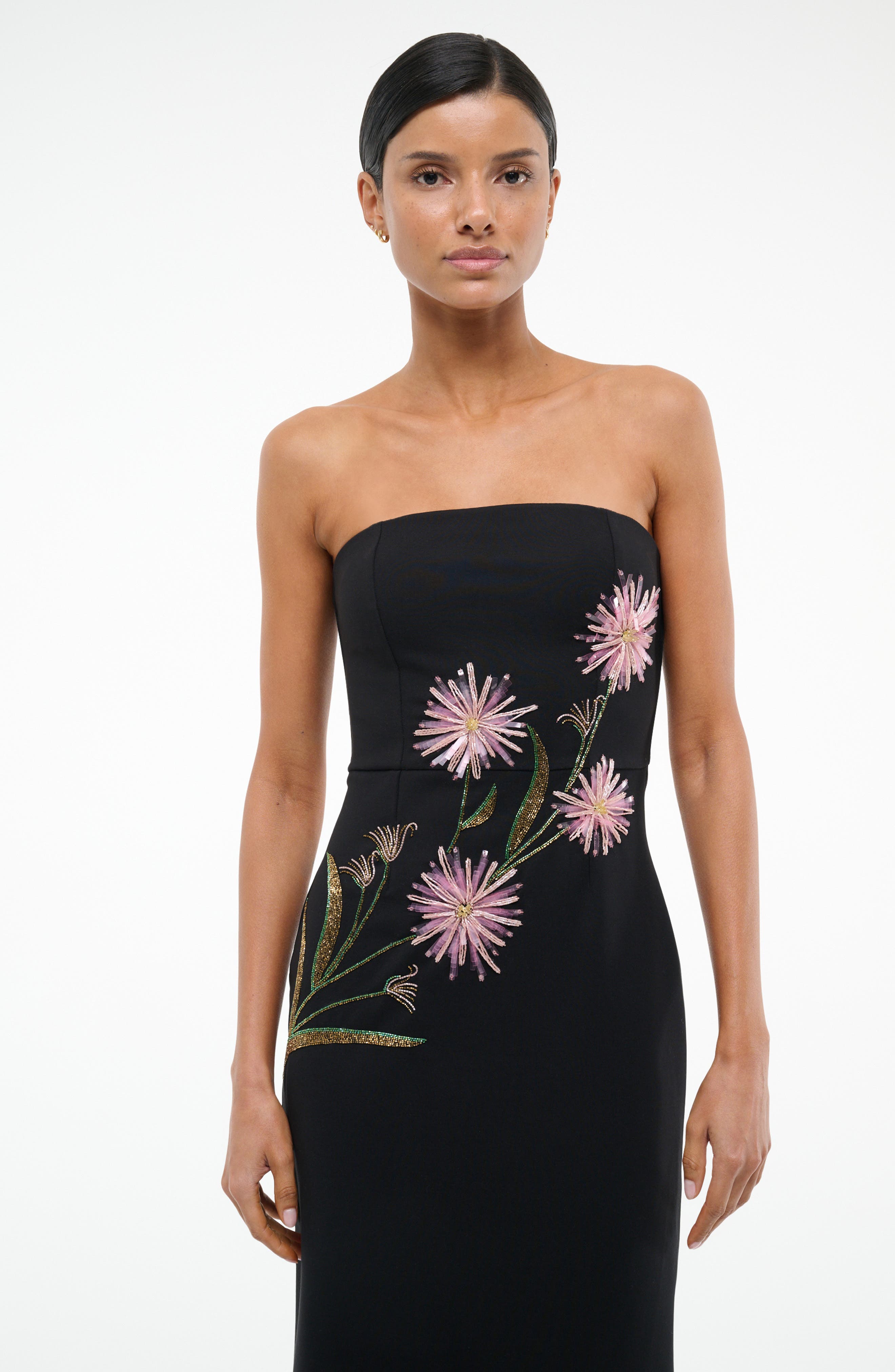 staud brooke beaded crepe midi dress STAUD Brooke Floral Beaded Strapless Midi Dress