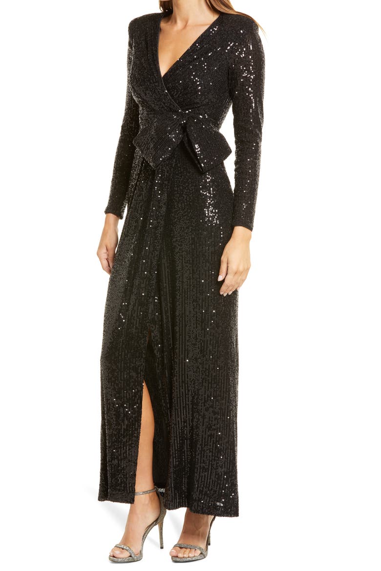 Sequin Wrap Front Long Sleeve Gown, Alternate, color, BLACK
