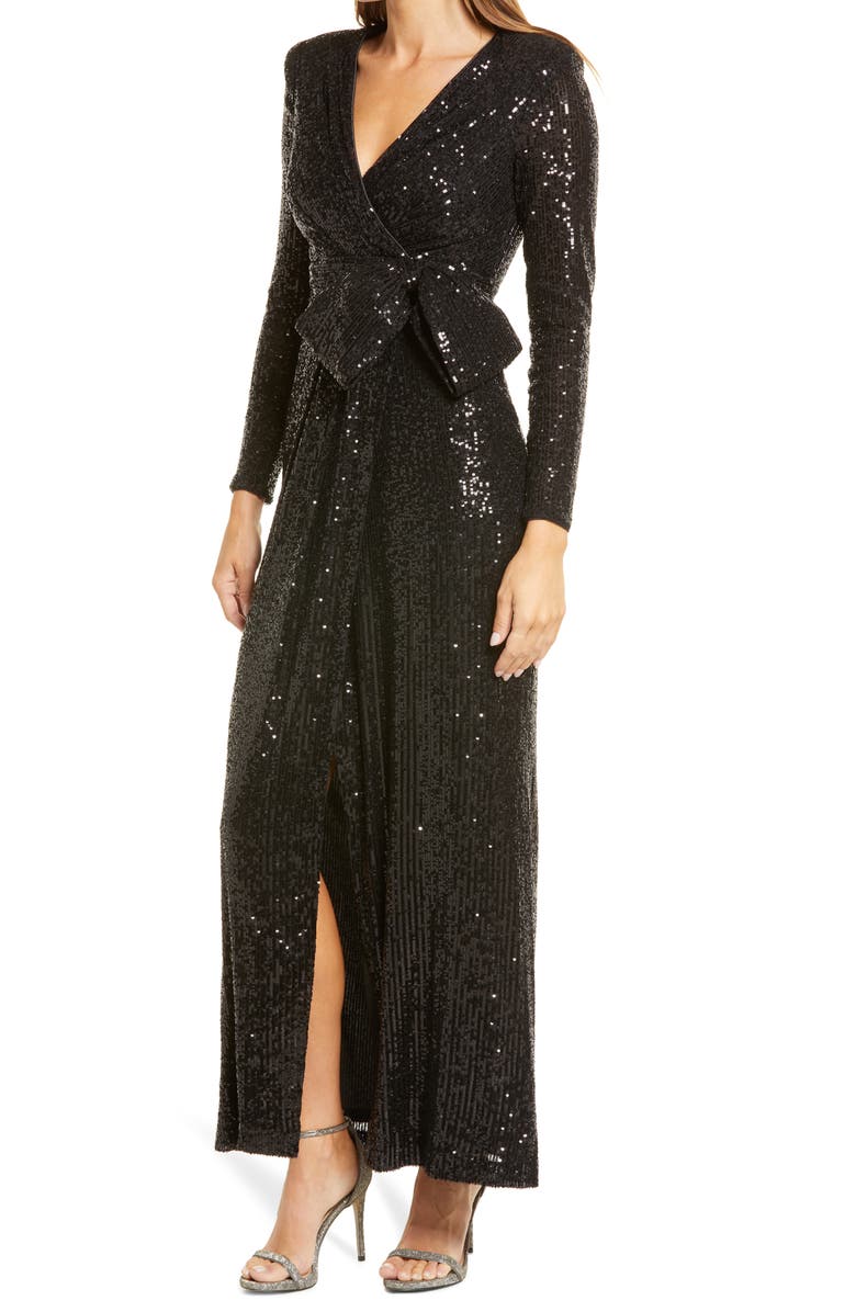 Eliza J Sequin Wrap Front Long Sleeve Gown, Alternate, color, 