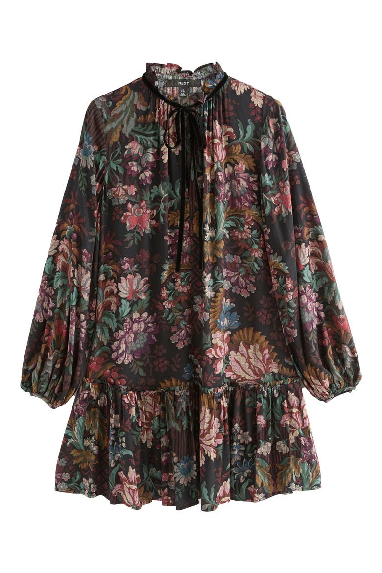 Floral Long Sleeve Ruffle Hem Dress, Main, color, BLACK